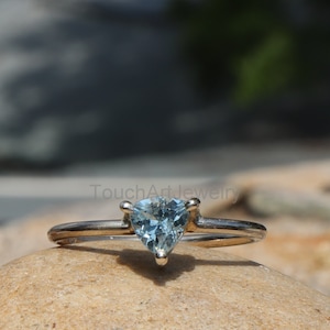 Natural Aquamarine Ring - 925 Sterling Silver Ring - Aquamarine Jewelry - March Birthstone - Trillion Cut Aquamarine Ring - Tiny Rings