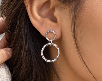 925 Sterling Silver Double Circle Earrings, Hammered Silver Dangle Earrings, Geometric Drop Earrings, Minimalist Handmade Jewelry, Gift