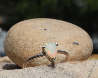 Natural Ethiopian Opal Ring - 925 Sterling Silver Ring - Birthstone Opal Ring - Opal Prong Ring - Opal Jewelry - October Birthstone Ring