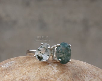 925 Sterling zilveren ring, natuurlijke Herkimer diamanten ring, natuurlijke mos Agaat ring, Herkimer diamanten ring, mos Agaat ring, Herkimer sieraden