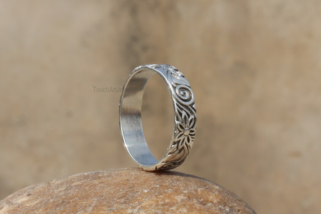 Silver Patterned Rings 925 Sterling Silver Floral Pattern Ring, Silversmith Wedding Band ...