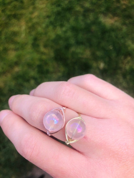 Rose quartz wrapped crystal ring