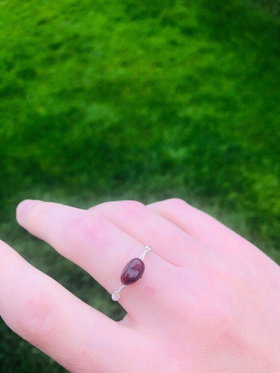 Garnet Sterling Silver Ring Dainty January Birthstone Simple Wire Wrapped Ring Garnet Sterling Silver Ring Dainty January Birthstone Simple Wire Wrapped Ring
