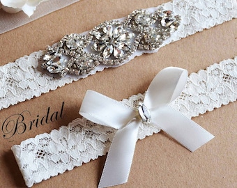 Ivory Wedding Garter, Ivory Garter, Ivory Lace Silver Crystal Garter Set, Bridal Garter Set