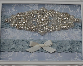Vintage Blue Wedding Garter, Ivory Lace Garter,  Garter Set, Bridal Garter Set, Rhinestone Garter