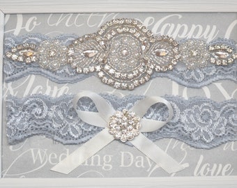 Wedding Garter, Bridal Garter,Dusty Blue  Bridal Garter, Dusty Blue Lace, Silver Crystal Garter Set, Bridal Garter Set