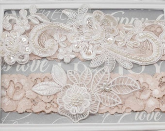 Blush Wedding Garter, Pink Garter, Blush Lace Silver Crystal Garter Set, Bridal Garter Set