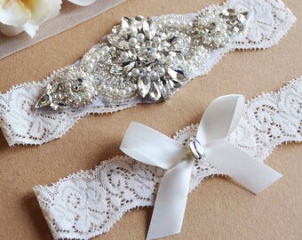 Ivory Wedding Garter, Ivory Garter, Ivory Lace Silver Crystal Garter Set, Bridal Garter Set