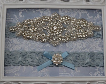 Vintage Blue Wedding Garter, Ivory Lace Garter,  Garter Set, Bridal Garter Set, Rhinestone Garter