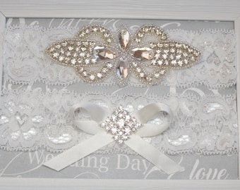 White Wedding Garter, Crystal  Garter, Ivory Lace  Garter, Silver Crystal Garter Set, Bridal Garter Set