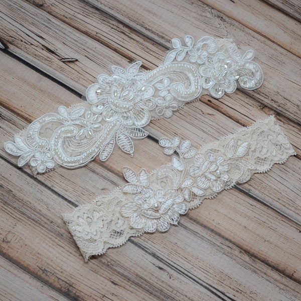 Ivory Garter Set, Ivory Lace Garter Belt, Wedding Garter Set