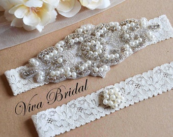 Ivory Wedding Garter, White Garter, Ivory Lace Silver Crystal Garter Set, Bridal Garter Set