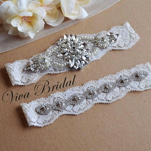White Wedding Garter, White Garter, White Lace Silver Crystal Garter Set, Bridal Garter Set image 1