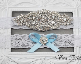 Blue Wedding Garter, Bridal Garter Set, Tossing Garter, Light Blue Garter, Keepsake Garter, Something Blue Garter