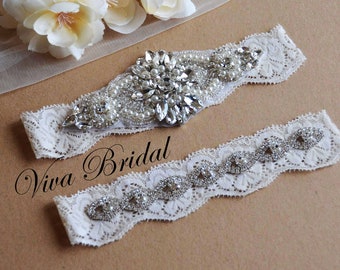 White Wedding Garter, White Garter, White Lace Silver Crystal Garter Set, Bridal Garter Set