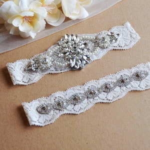 White Wedding Garter, White Garter, White Lace Silver Crystal Garter Set, Bridal Garter Set image 2