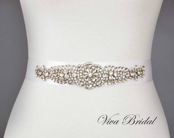 Silver Wedding Belt, Bridal Belt, Sash Belt, Crystal Rhinestones - Style 117593S