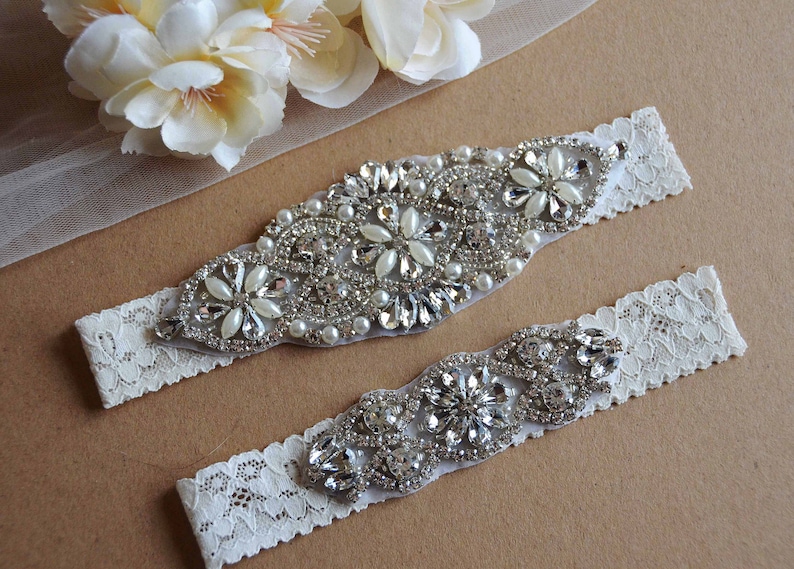 Wedding Garter and Toss Garter-Crystal Rhinestones with Silver Crystal Details Wedding Garter Set Ivory Wedding Garter