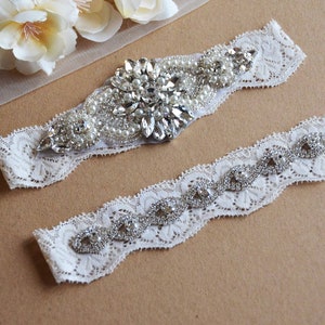 White Wedding Garter, White Garter, White Lace Silver Crystal Garter Set, Bridal Garter Set image 3