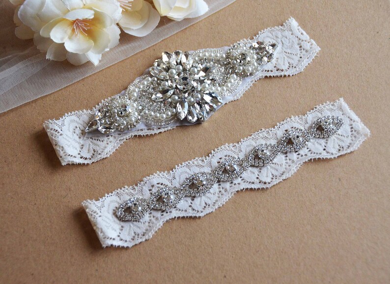 White Wedding Garter, White Garter, White Lace Silver Crystal Garter Set, Bridal Garter Set image 3