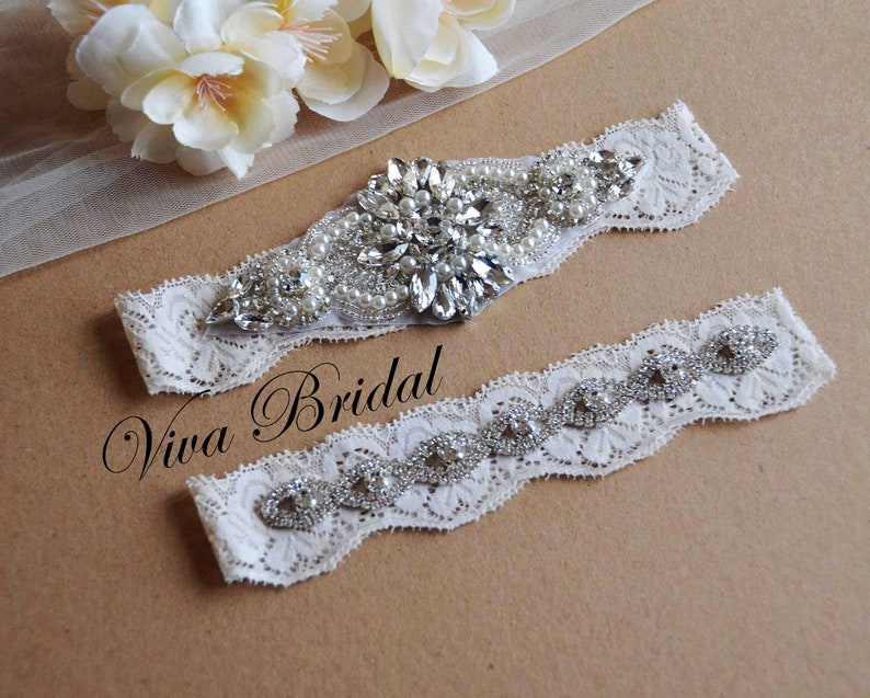 White Wedding Garter, White Garter, White Lace Silver Crystal Garter Set, Bridal Garter Set image 1