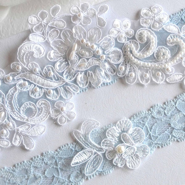 Blue Wedding Garter White or Light Ivory lace applique, Bridal Garter Set, Tossing Garter, Keepsake Garter, Something Blue Garter