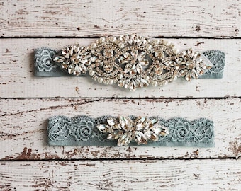 Wedding Garter, Bridal Garter,Dusty Blue w/Sage Bridal Garter, Dusty Blue w/Sage Lace, Silver Crystal Garter Set, Bridal Garter Set