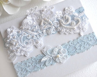 Blue Wedding Garter, Bridal Garter Set, Tossing Garter, Light Blue Garter, Keepsake Garter, Something Blue Garter