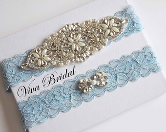 Blue Wedding Garter, Blue Garter, Blue Lace Silver Crystal Garter Set, Bridal Garter Set