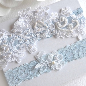 Blue Wedding Garter White or Light Ivory lace applique, Bridal Garter Set, Tossing Garter, Keepsake Garter, Something Blue Garter