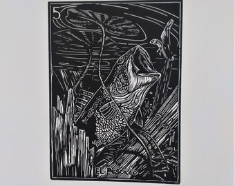 Linocut print original - Loteria: El Pescado (unframed)