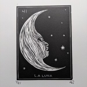 Linocut print original card Loteria: La Luna image 2