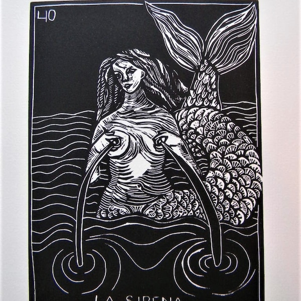 Linocut print original card - Loteria: La Sirena(BLUE INK ONLY)