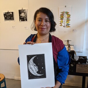 Linocut print original card Loteria: La Luna image 5