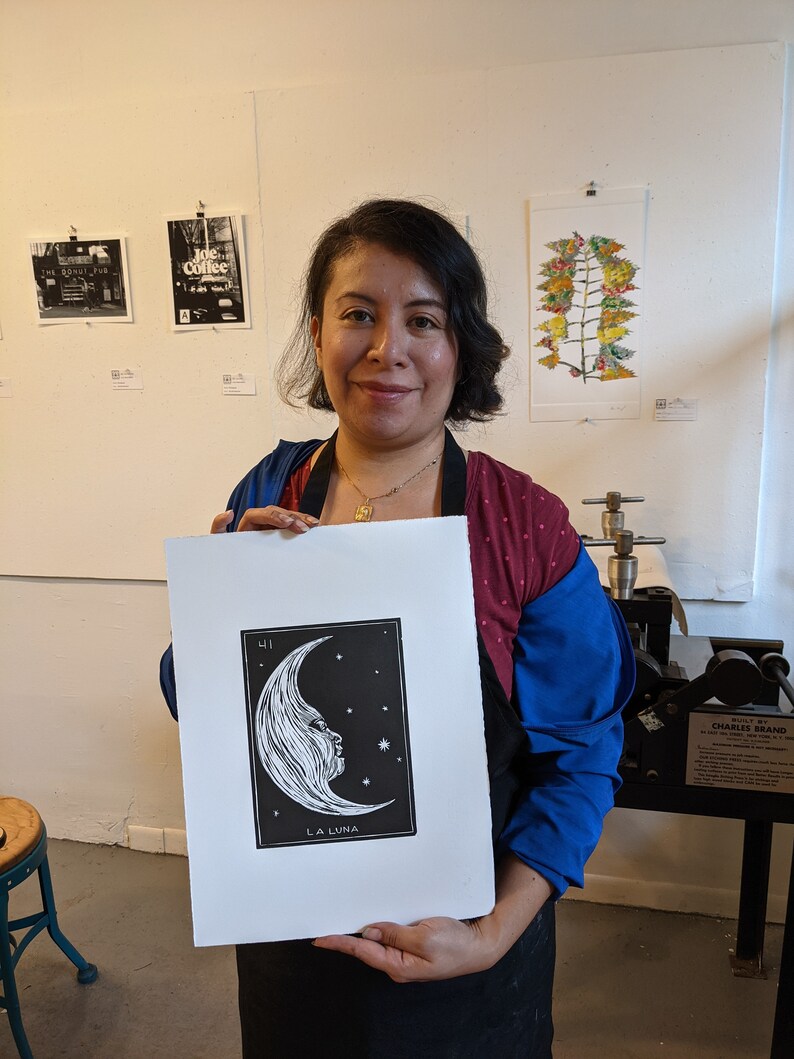 Linocut print original card Loteria: La Luna image 5