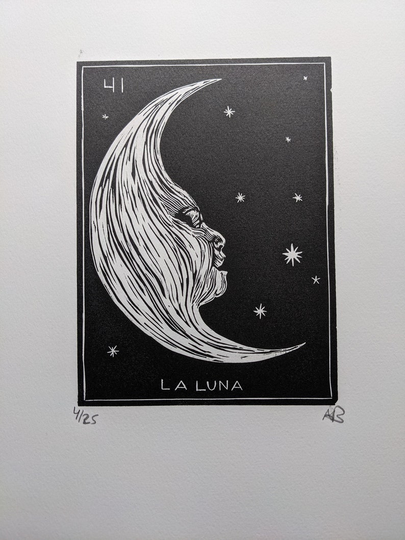 Linocut print original card Loteria: La Luna image 2