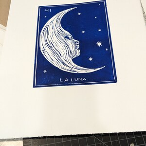 Linocut print original card Loteria: La Luna image 3