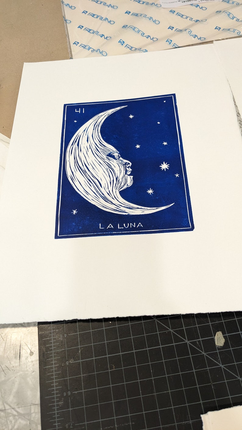 Linocut print original card Loteria: La Luna image 3