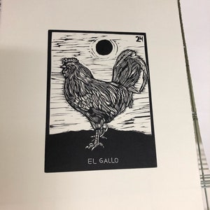 Tarjeta original impresa linocut - Lotería: El Gallo