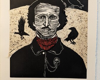 linocut chine colle. Edgar Allan Poe, unframed