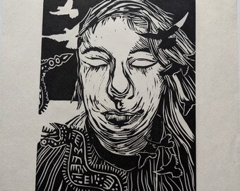 Woodcut print- Meditate