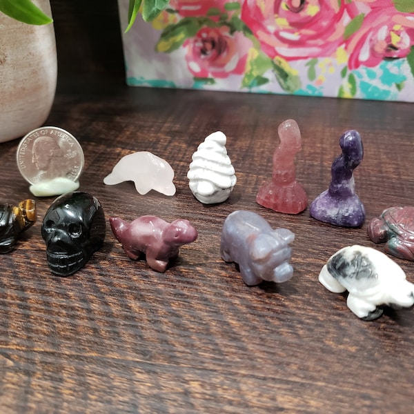 Micro mini crystal carvings, mini Rosequartz Dolphin, mini moss agate tortoise, mini Obsidian skull, mini crystal carving, mini gnome, gifts