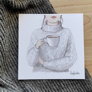 Fine art print "Tea time". Watercolor and ink illustration. Tea lover. Tea addicted. Girl illustration. Cozy living. Hygge.