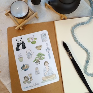 Foglio di stickers. "Ikigai", scrapbooking, bullet journal, diario, planner, illustrazioni ad acquerello. Japanese aesthetic.mindfulness