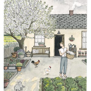 Kunstdruck. „Sonniger Nachmittag in meinem Garten“. Aquarellillustration. Mädchenillustration. Gartenarbeit