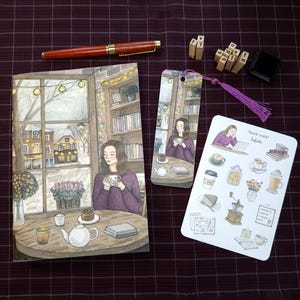 Set  "Book  cafè" . Quaderno, foglio di stickers e segnalibro. creative writing, scrittura creativa