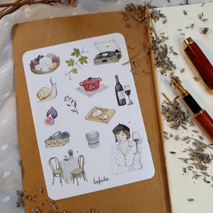 Foglio di stickers. "Cena in Provenza", scrapbooking, bullet journal, diario, planner, illustrazioni ad acquerello. Francia