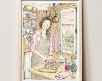 Kunstprint. Aardbeientaart in de landelijke keuken | Gezellig bakken in aquarel | Cottagecore keuken | Illustratie van een landhuis | Wanddecoratie