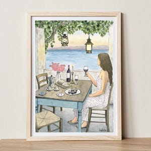 Stampa fine art a tiratura limitata. "Sunset". Illustrazione ad acquerello.Home decor. Girl illustration. Summer vibes.