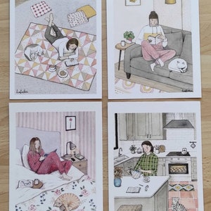 Pequeños retratos de lectores. En casa. Conjunto de ilustraciones en acuarela. Amante de los libros. Ilustración de niña. Círculo de lectores. tarjetas.